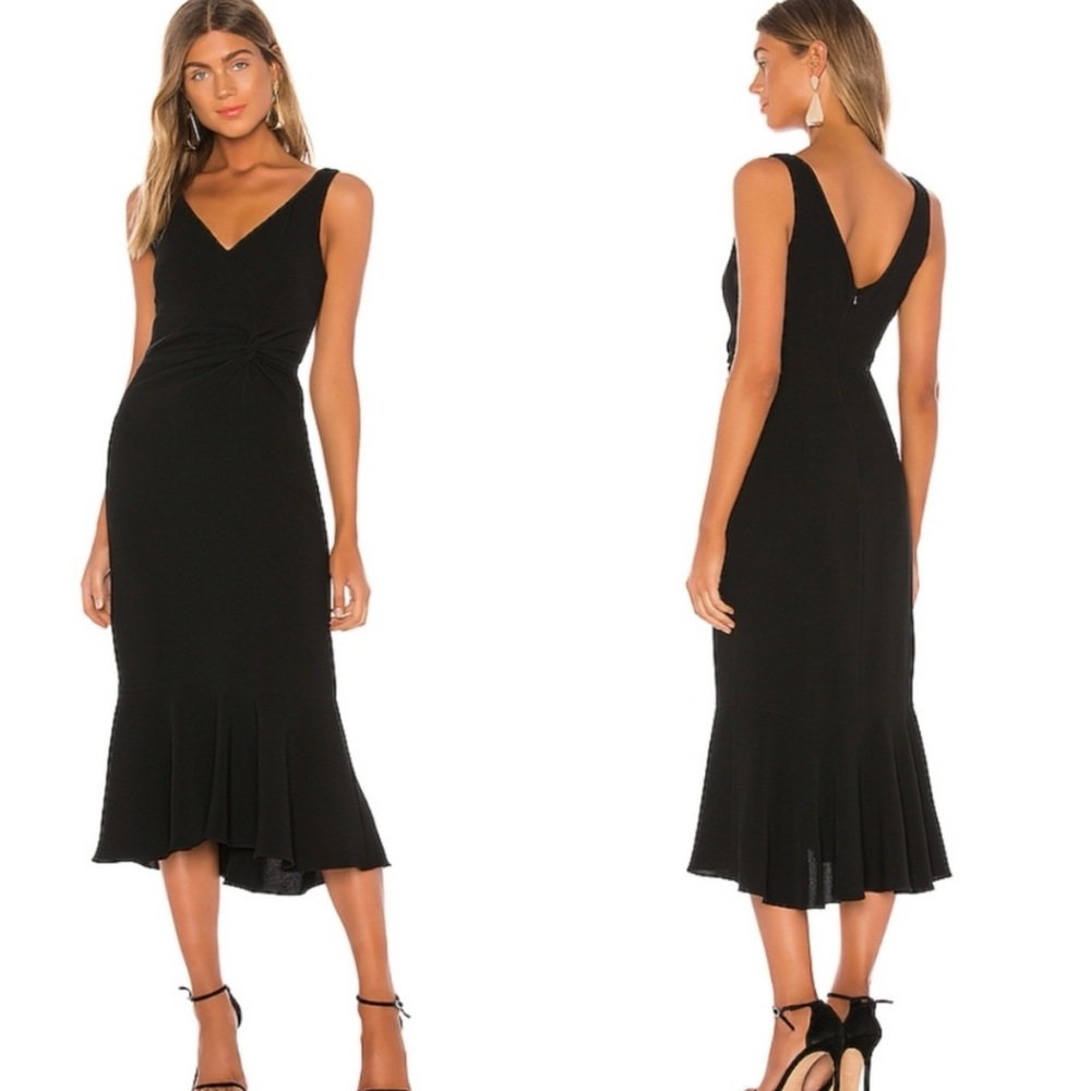 Cinq a Sept Adira Black Twist Ruffle Hem Cocktail V-Neck Midi Dress